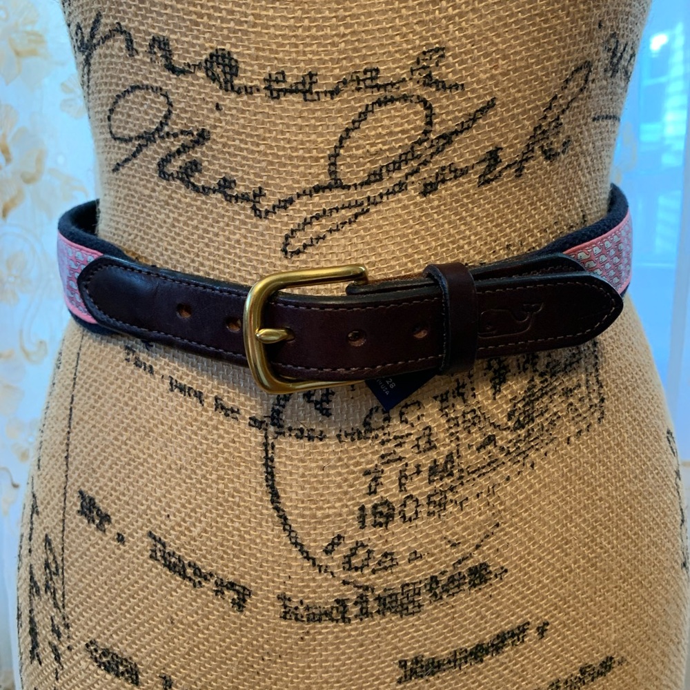 VINEYARD VINES canvas-leather belt pink fabric whale detailing VGUC si…